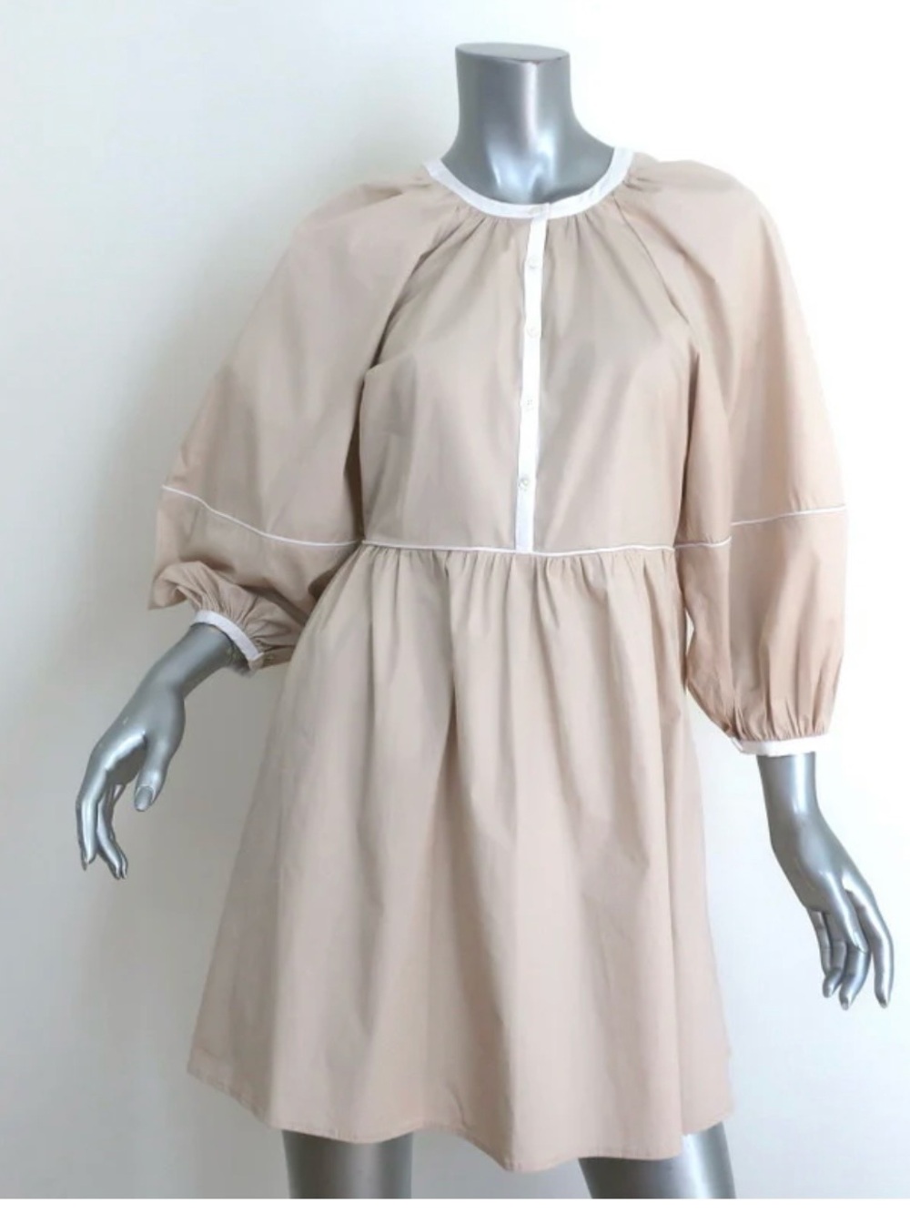 STAUD DEMI PUFF SLEEVE MINI DRESS BEIGE STRETCH COTTON SIZE EXTRA SMALL worn 1x